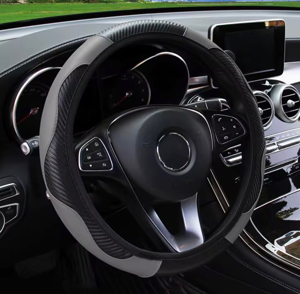 PU Carbon Fiber Leather Car Steering Wheel Cover – No Inner Ring | 14.5–15 Inch