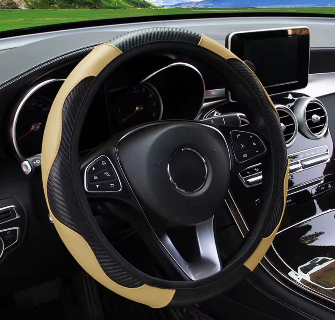 PU Carbon Fiber Leather Car Steering Wheel Cover – No Inner Ring | 14.5–15 Inch