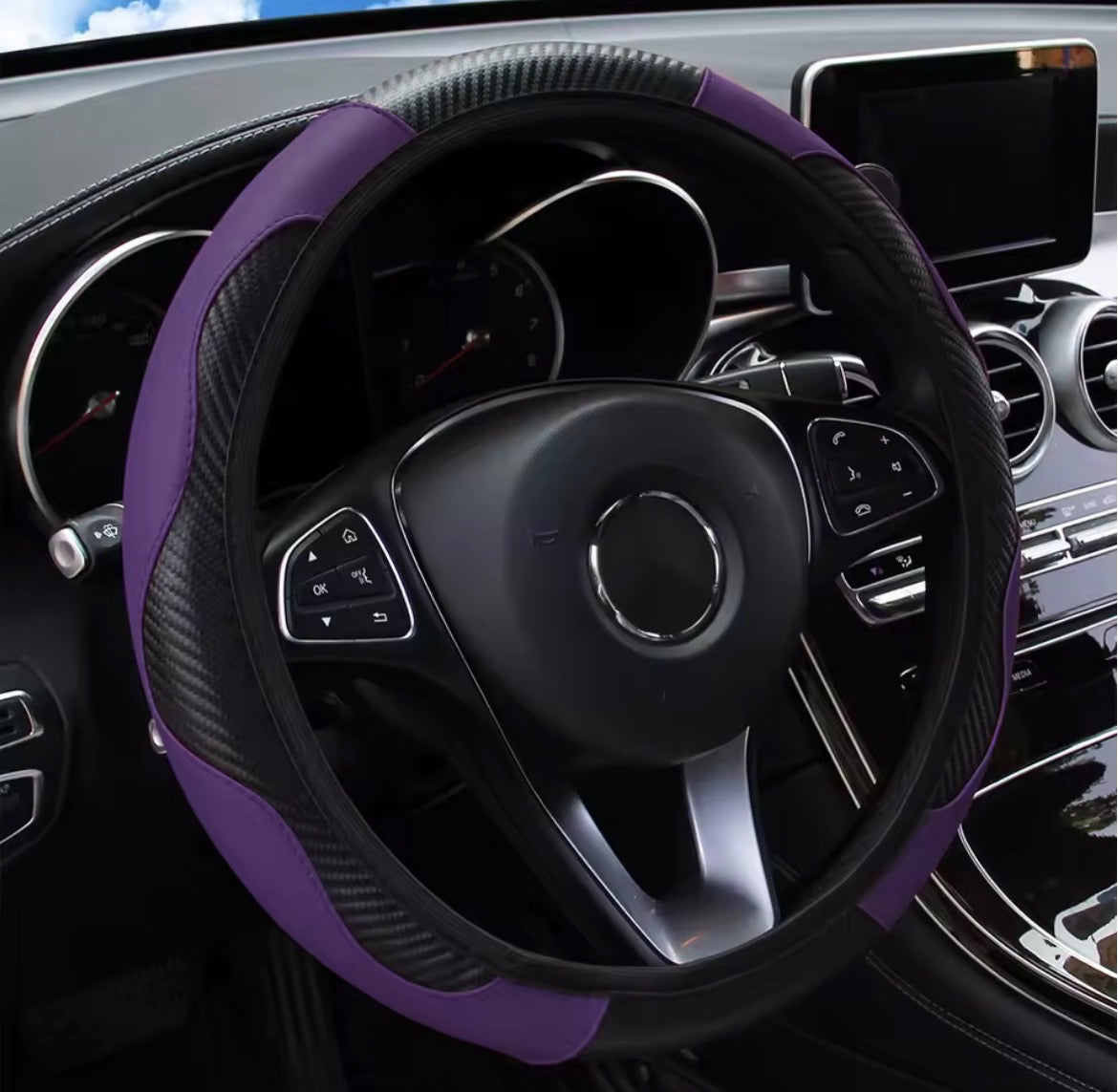 PU Carbon Fiber Leather Car Steering Wheel Cover – No Inner Ring | 14.5–15 Inch