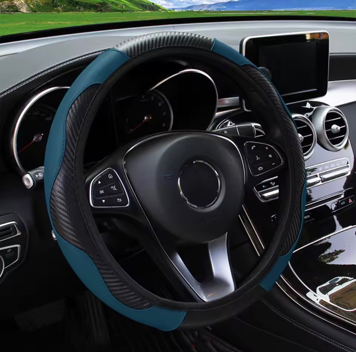 PU Carbon Fiber Leather Car Steering Wheel Cover – No Inner Ring | 14.5–15 Inch