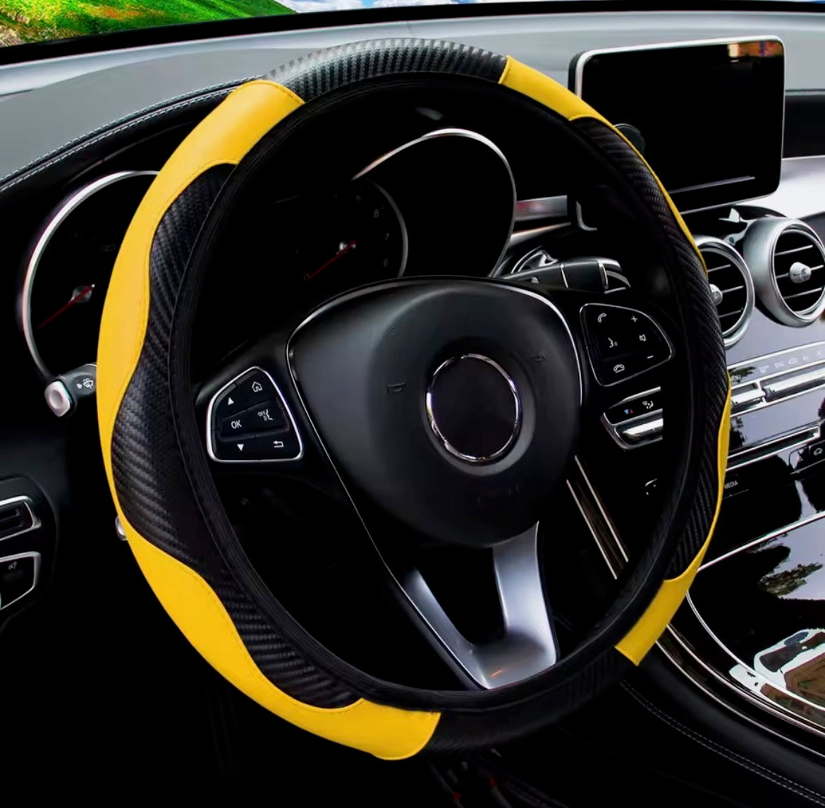 PU Carbon Fiber Leather Car Steering Wheel Cover – No Inner Ring | 14.5–15 Inch