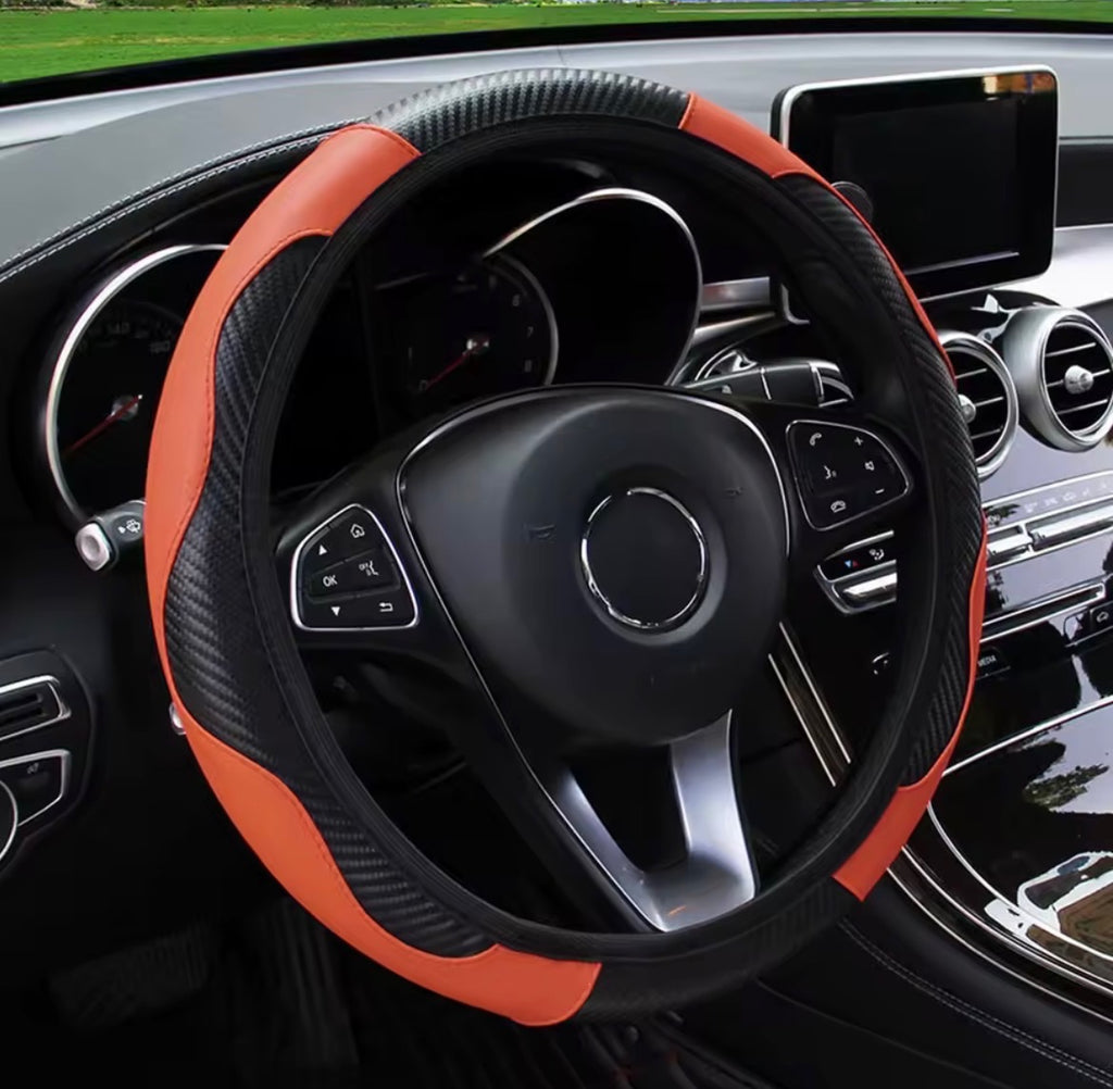 PU Carbon Fiber Leather Car Steering Wheel Cover – No Inner Ring | 14.5–15 Inch