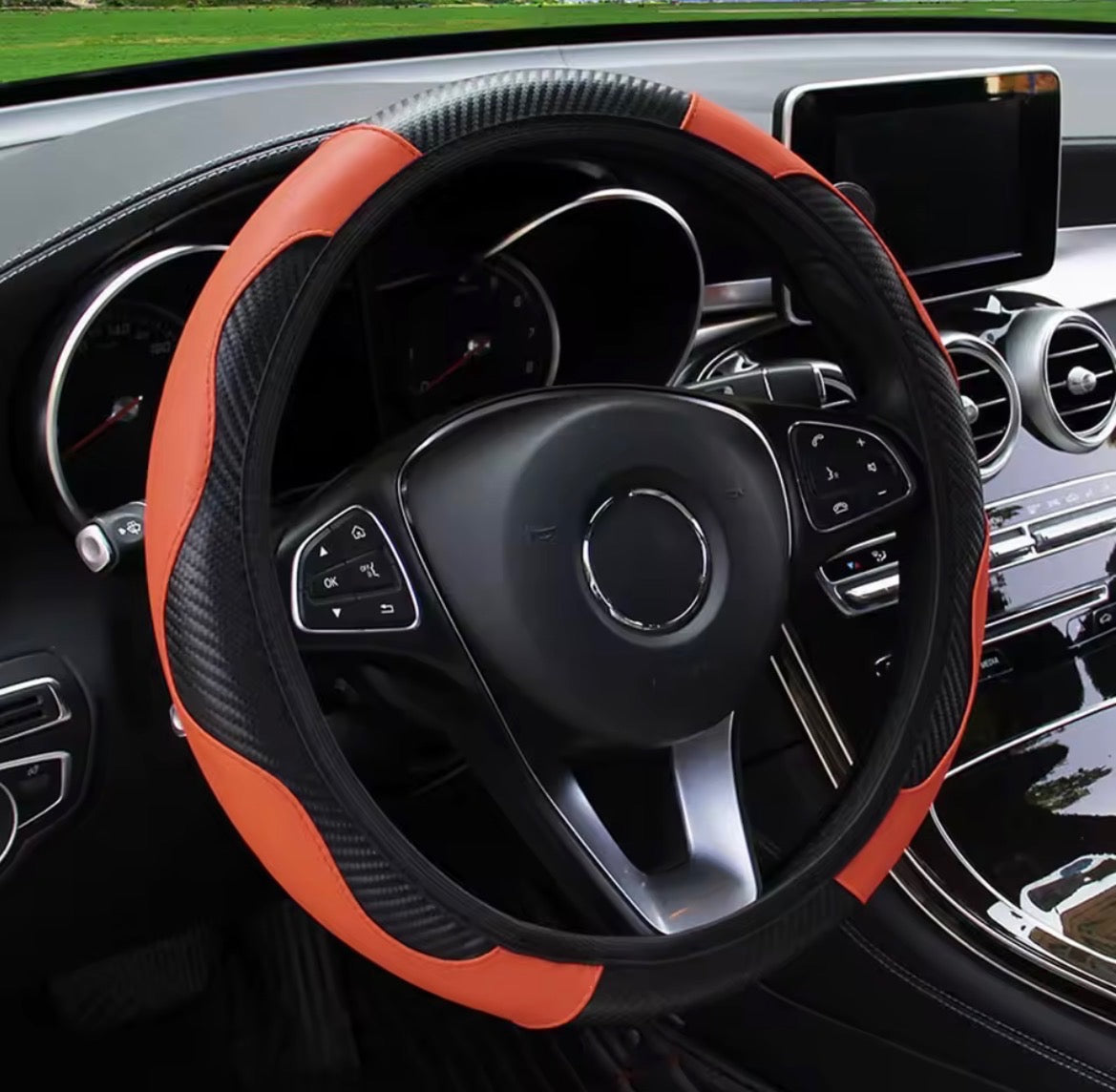 PU Carbon Fiber Leather Car Steering Wheel Cover – No Inner Ring | 14.5–15 Inch