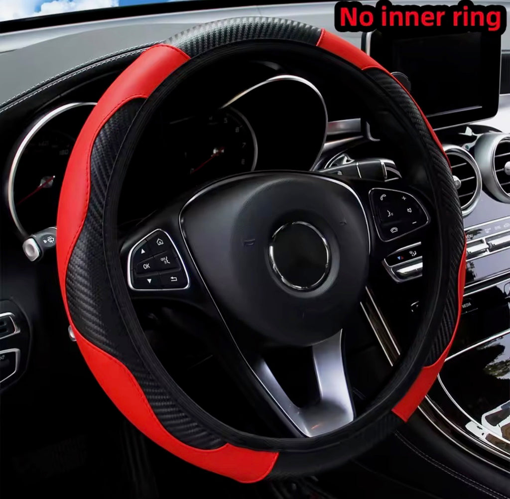 PU Carbon Fiber Leather Car Steering Wheel Cover – No Inner Ring | 14.5–15 Inch