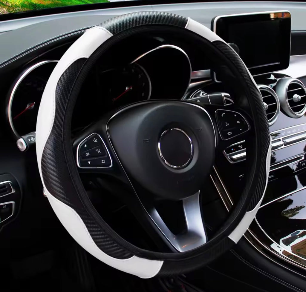 PU Carbon Fiber Leather Car Steering Wheel Cover – No Inner Ring | 14.5–15 Inch