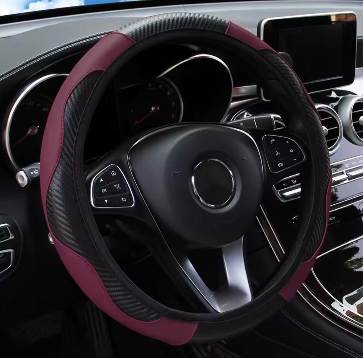 PU Carbon Fiber Leather Car Steering Wheel Cover – No Inner Ring | 14.5–15 Inch