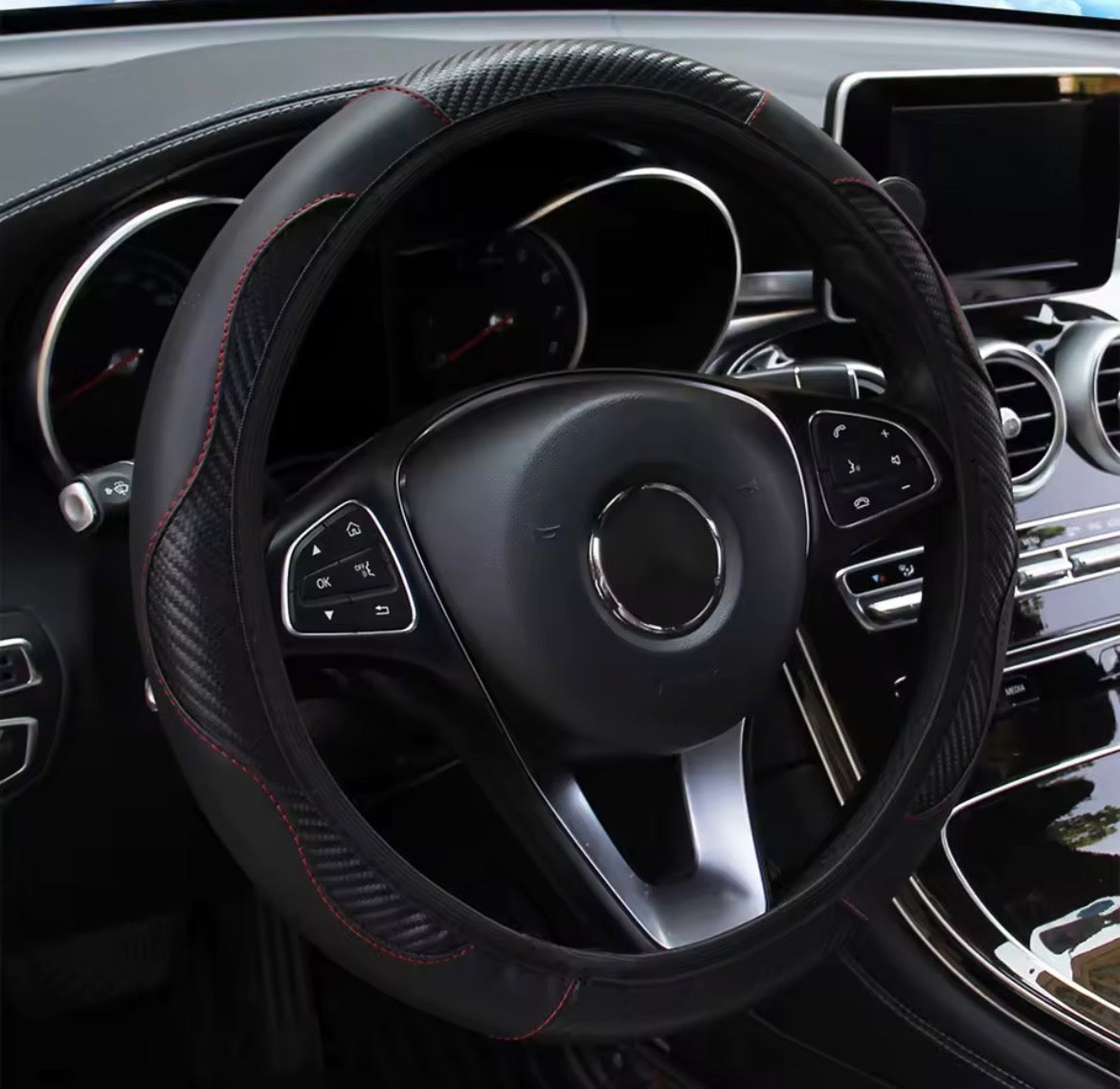 PU Carbon Fiber Leather Car Steering Wheel Cover – No Inner Ring | 14.5–15 Inch