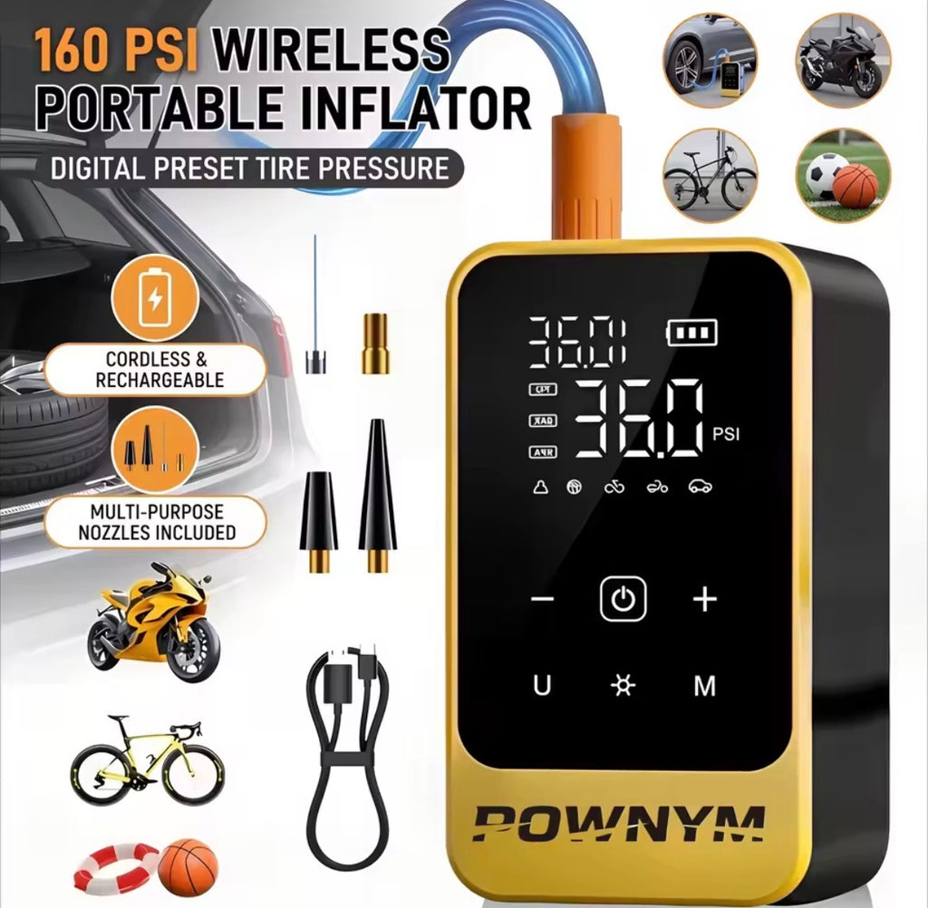 POWNYM Multi-Functional Wireless Tire Inflator & Jump Starter – Portable Air Pump with Digital Gauge, LED Light & All Nozzle Adapters