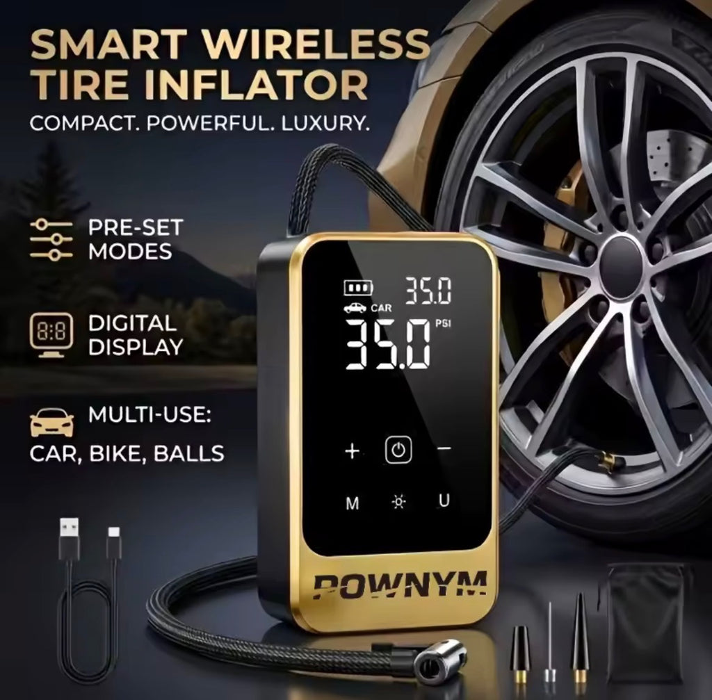 POWNYM Multi-Functional Wireless Tire Inflator & Jump Starter – Portable Air Pump with Digital Gauge, LED Light & All Nozzle Adapters