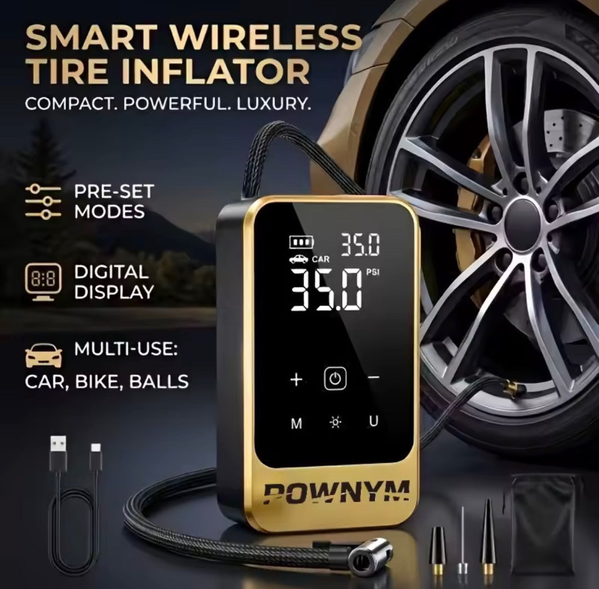 POWNYM Multi-Functional Wireless Tire Inflator & Jump Starter – Portable Air Pump with Digital Gauge, LED Light & All Nozzle Adapters