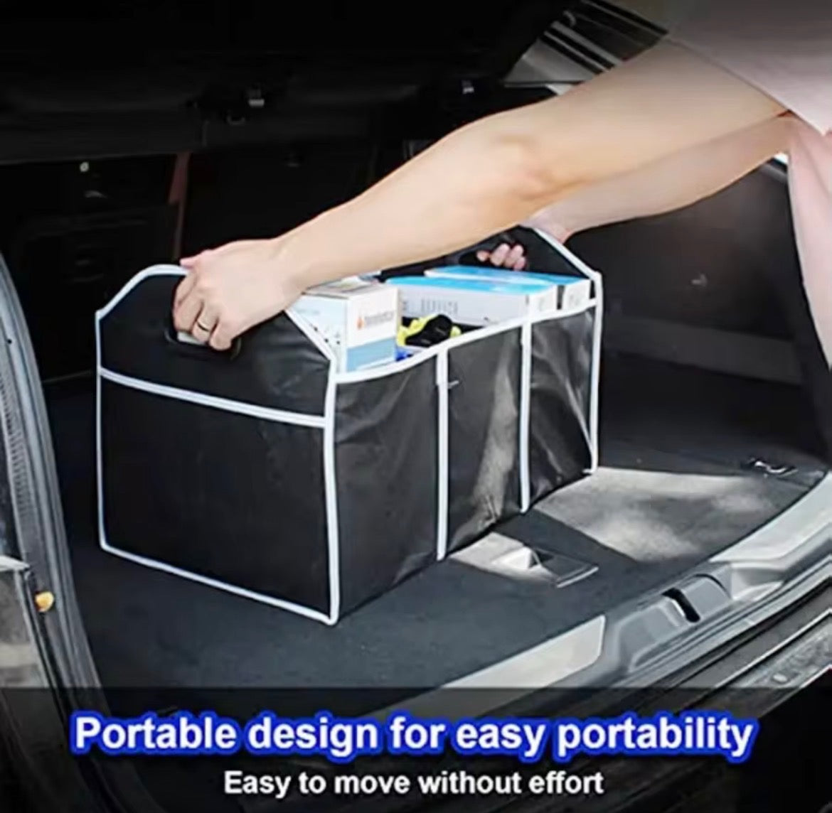 Universal Car Trunk Organizer – Portable Foldable Waterproof Storage Bag with 3 Compartments for SUV, Truck, Van & Sedan