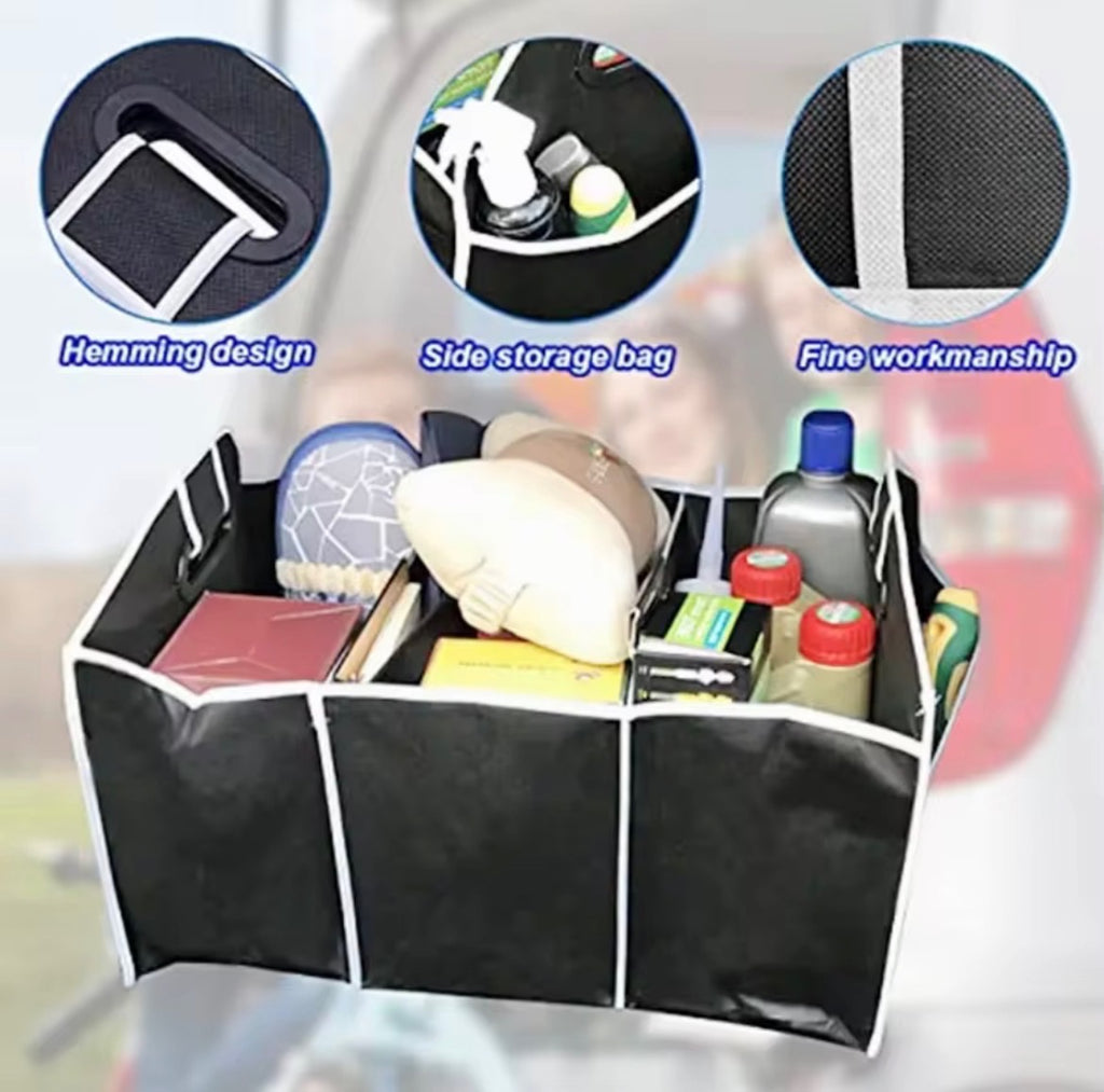 Universal Car Trunk Organizer – Portable Foldable Waterproof Storage Bag with 3 Compartments for SUV, Truck, Van & Sedan