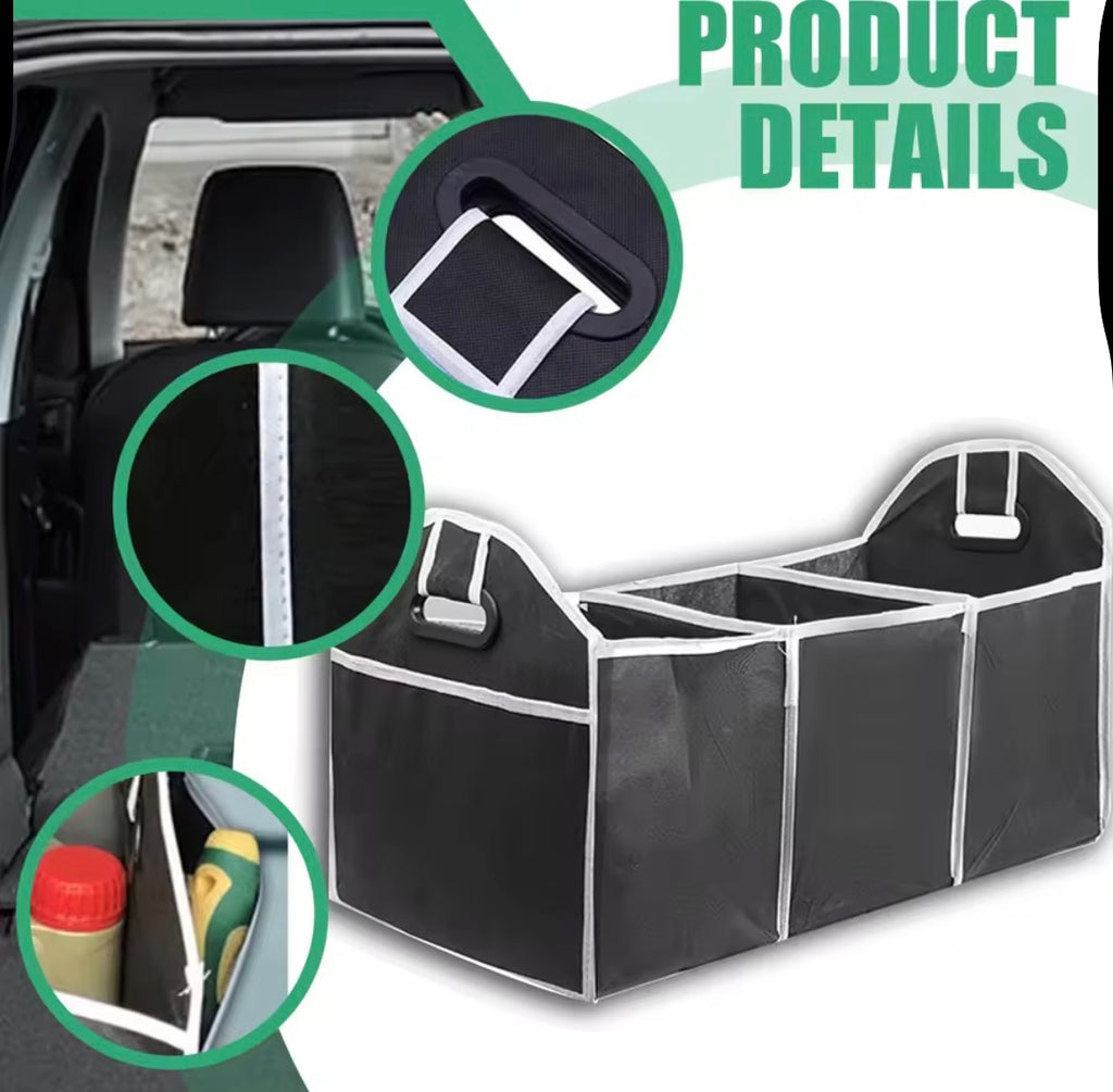 Universal Car Trunk Organizer – Portable Foldable Waterproof Storage Bag with 3 Compartments for SUV, Truck, Van & Sedan